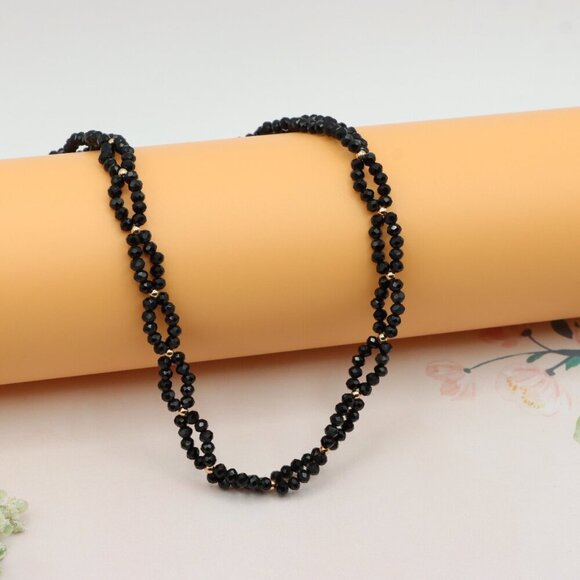 Rose Gold Black Beaded Necklace with Gold-Plated Brass Finish, XPNL0234 - Picture 1 of 12